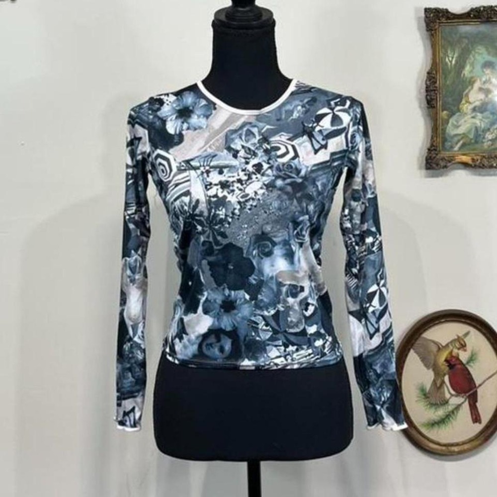 Vintage Cheryl Creations Y2K Sheer Mesh Graphic Top Blue Grey Small 3L